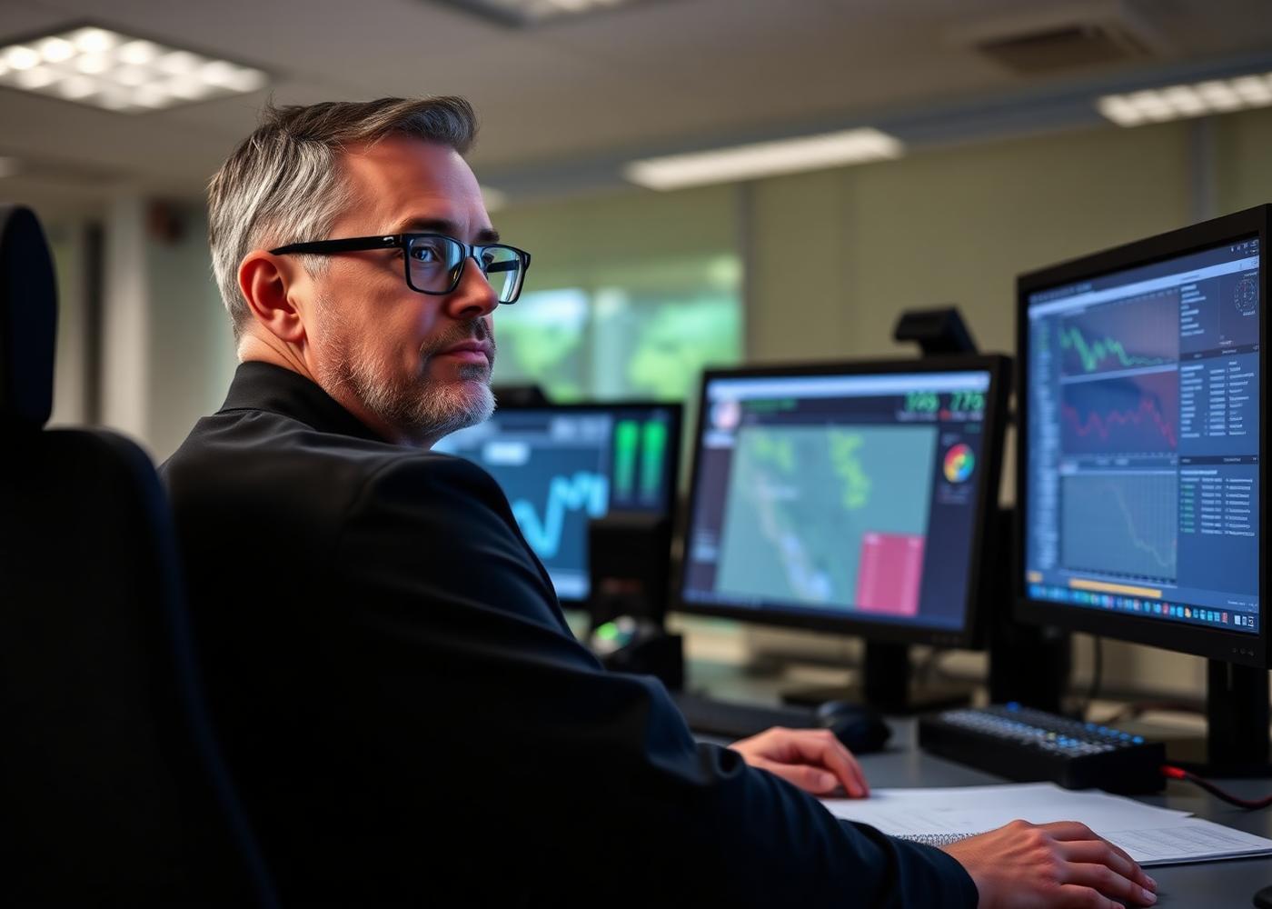Fleet dispatcher working at a multi-monitor workstation reviewing logistics data