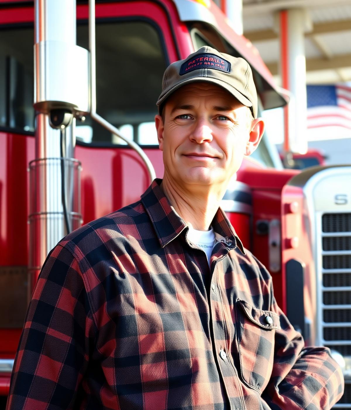 Professional American truck driver standing next to a red Peterbilt semi truck