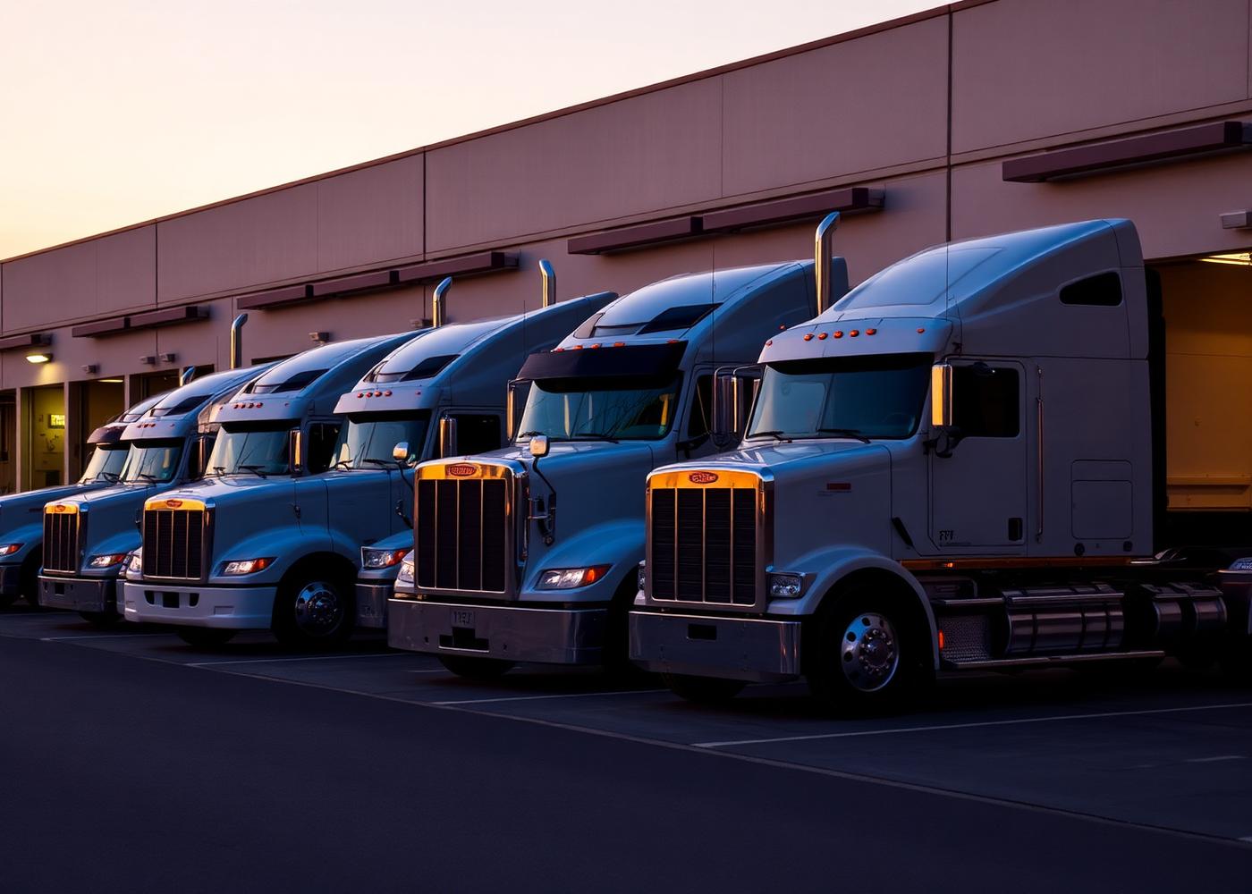 Row of American semi trucks parked at a distribution center loading dock at dusk